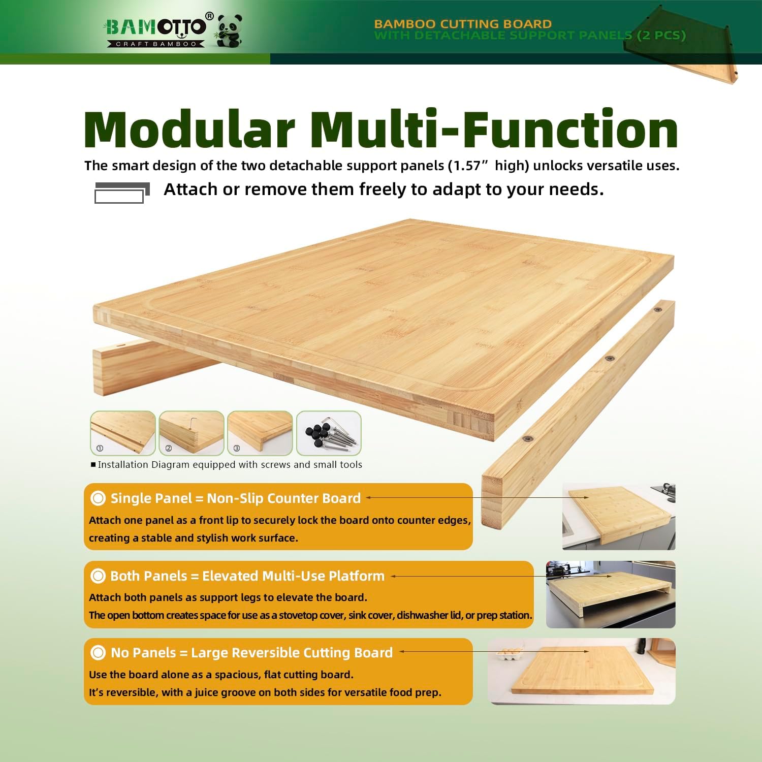 12.6x22 Inch Large Bamboo Cutting Board, Countertop Dishwasher Cover, Over Sink & RV Stovetop Cover Board with 2 Detachable Support Panels, Reversible with Juice Groove