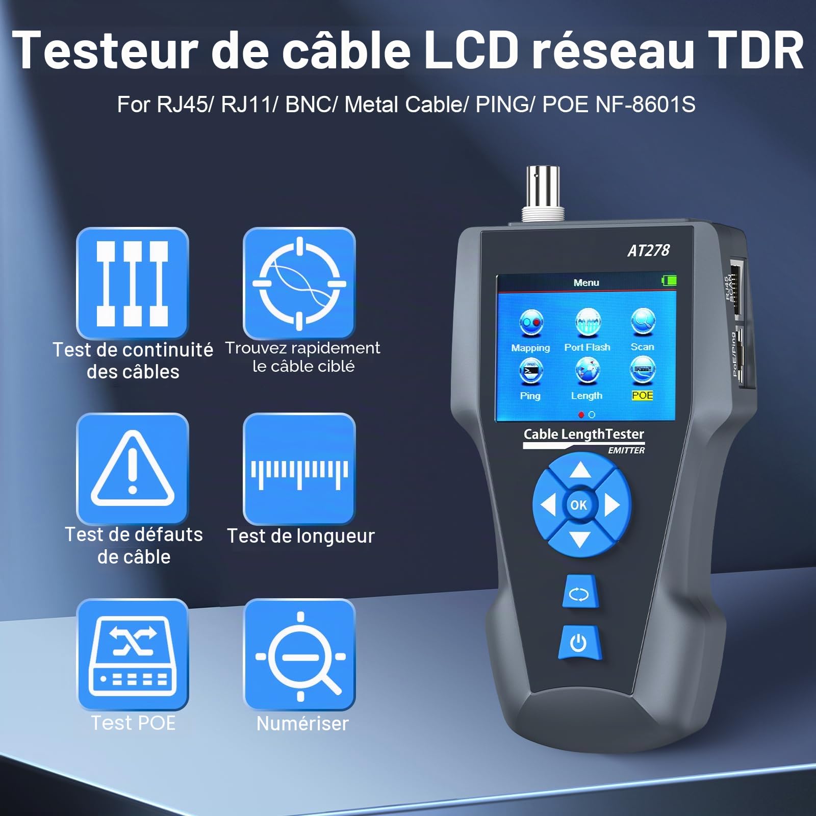 Testeur de câble réseau, NF-8601S TDR multifonction LCD Longueur de ligne Testeurs de point d'arrêt Testeurs RJ45/RJ11/BNC