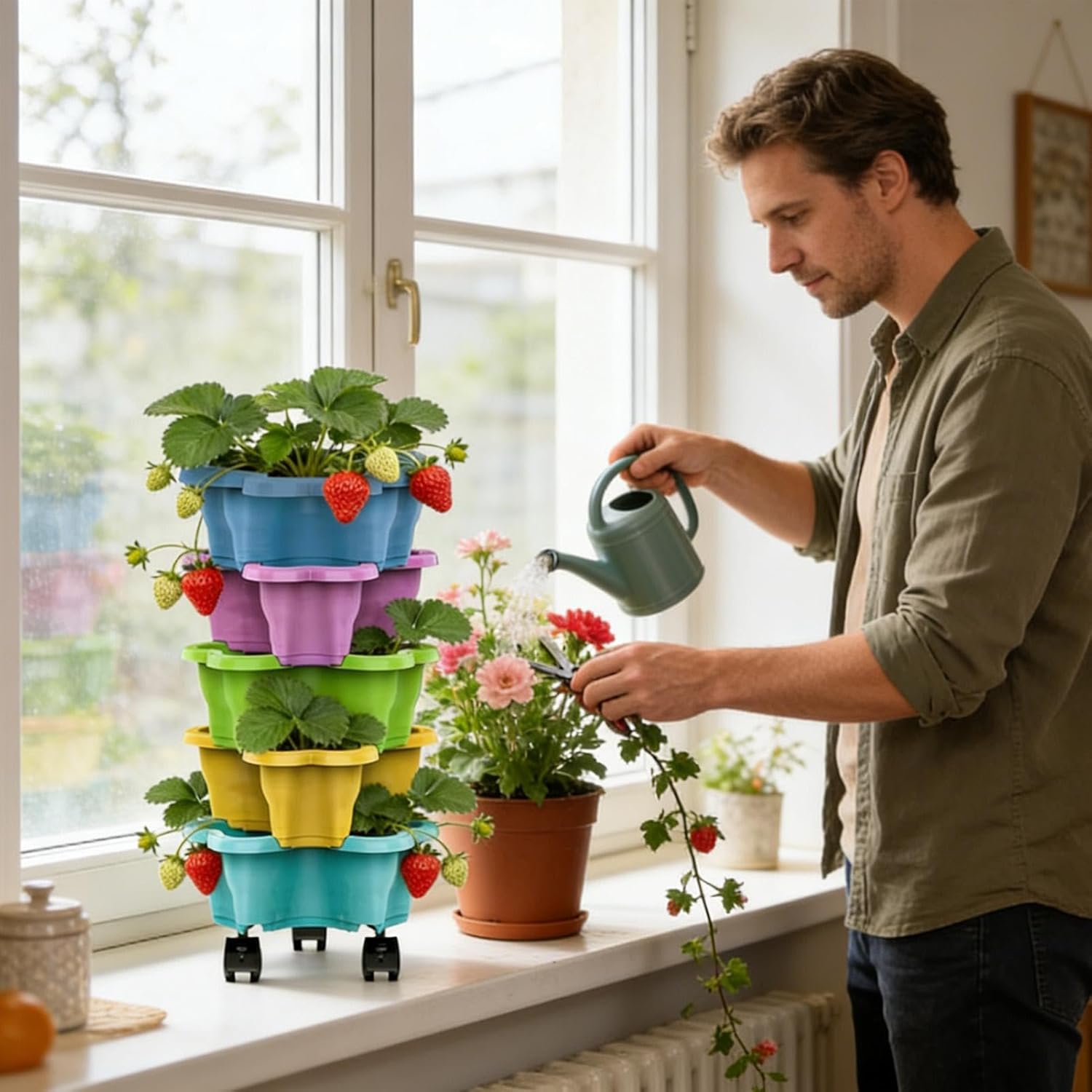 Stackable Planter - Weatherproof Multi Tiers Stackables Drainage, 5 Tier Vertical Tower for Garden Yard, Cascade Pot with Water Reservoir, Agriculture Gear, Plant Stand for Farm