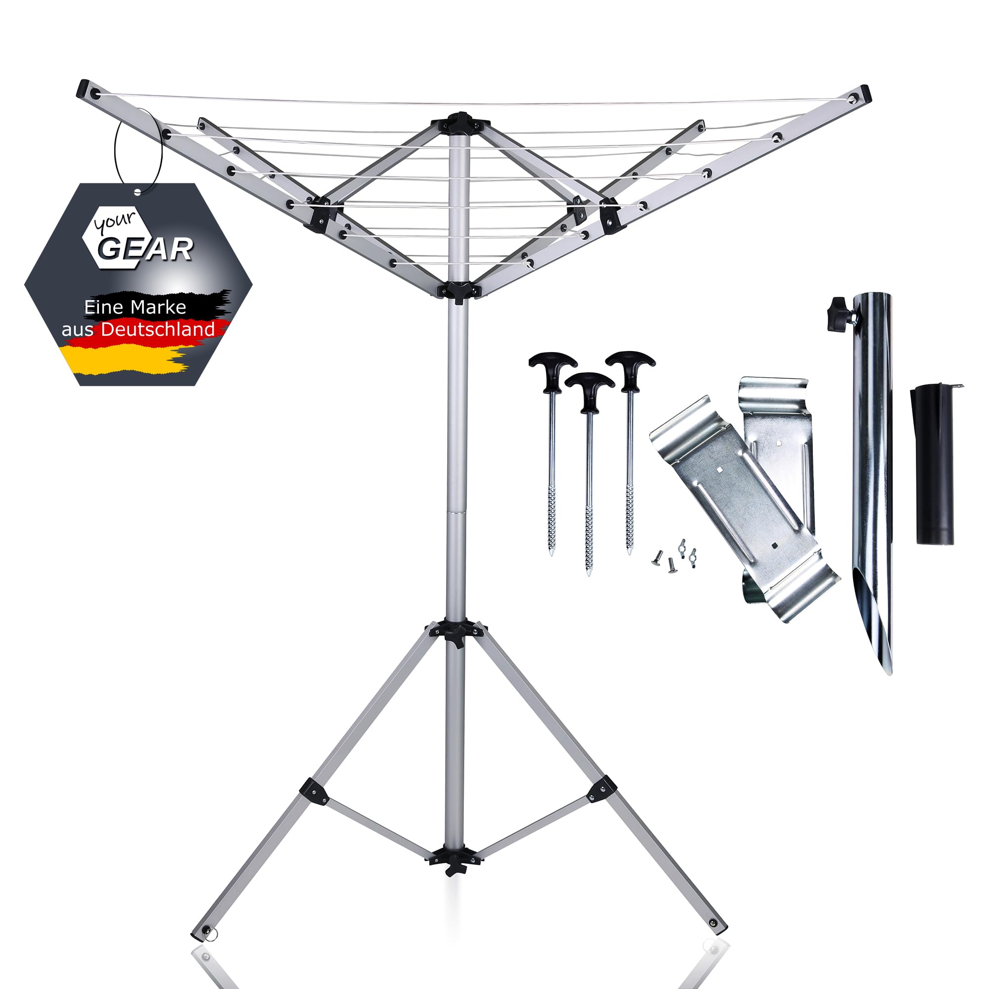 your GEAR Siena - Alu Wäschespinne für Caravan Camping Balkon Garten - Mobiler Wäscheständer mit 15m UV-beständiger Leine - Wetterfest und Platzsparend - mit Stützrad-Halterung, Standfuß, Bodenhülse