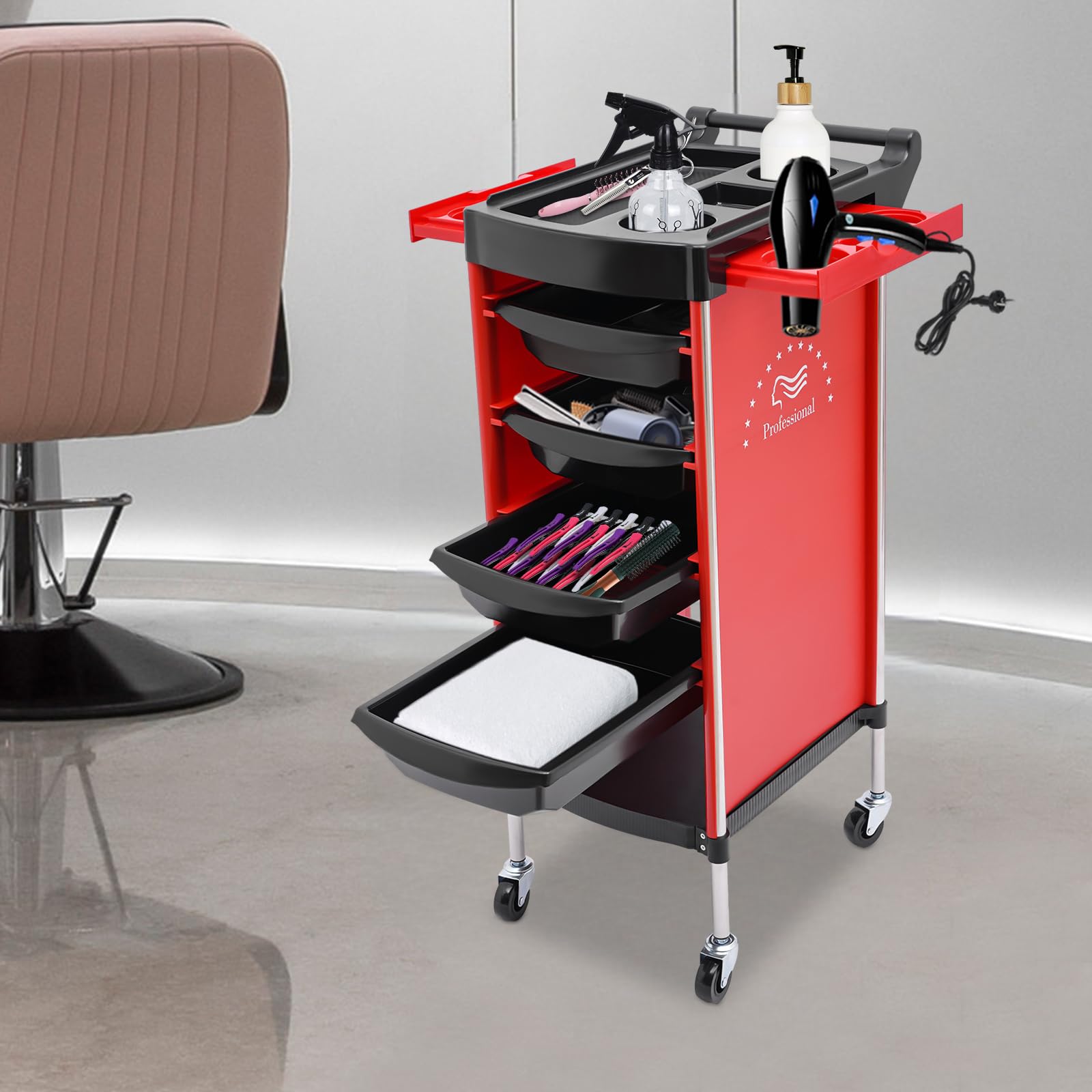 Carrello per Parrucchiere Professionale con 4 cassetti e Ruote Stile Spa (Rosso)