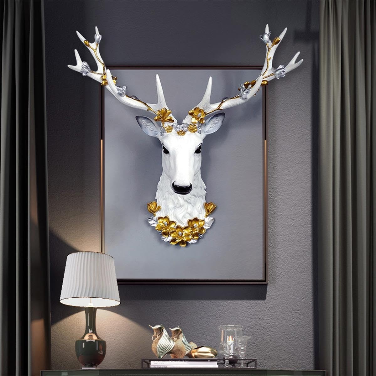 Decorazione Parete Testa di Cervo, Scultura 3D in Resina con Fiori