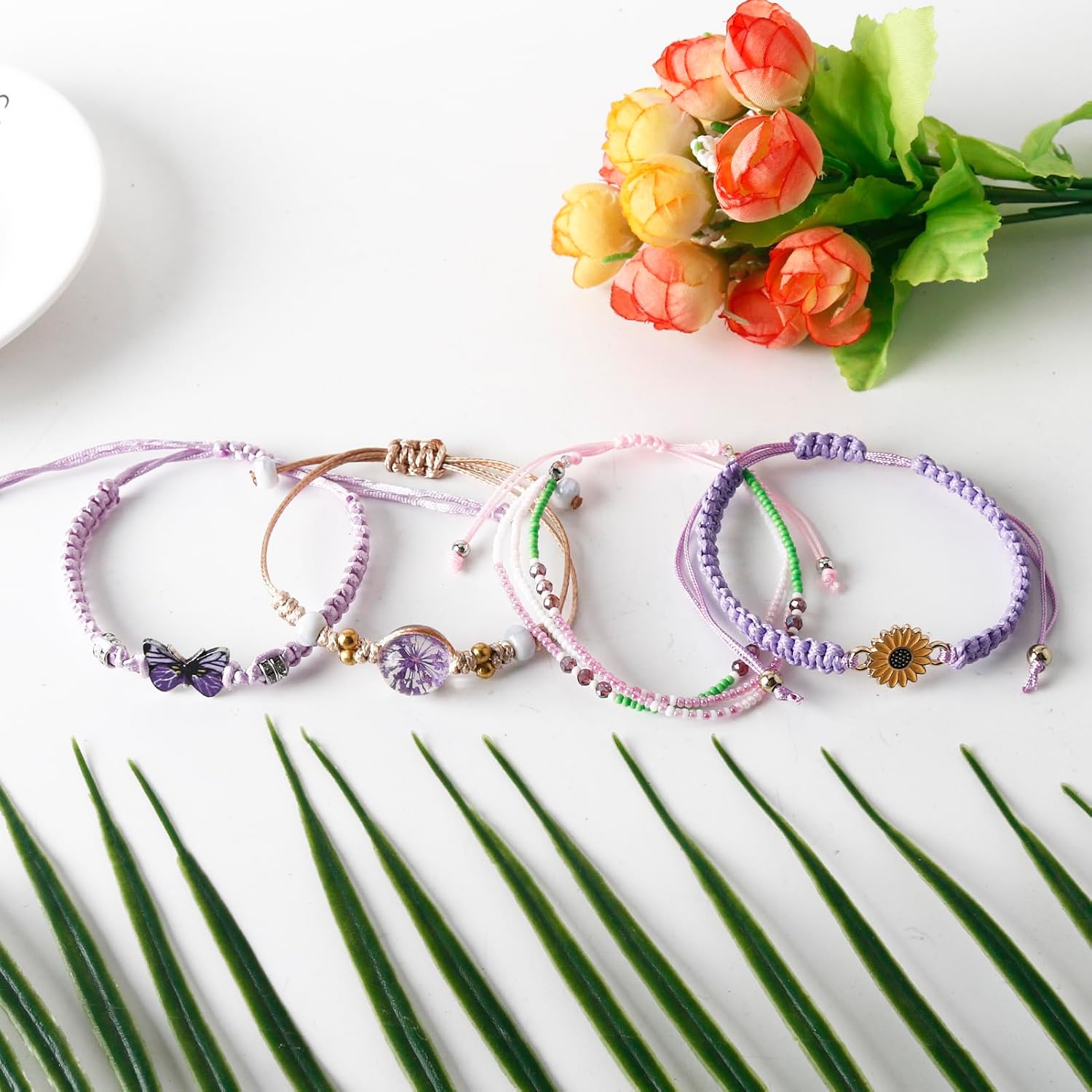 DS 4PCS String beads Charm Bracelets for Teen Girls Dainty cute cartoon Butterfly Daisy Eternal flower Beads Bracelets set for woman and girls Adjustable Stretch bracelet birthday Gift For Friends - Image 5