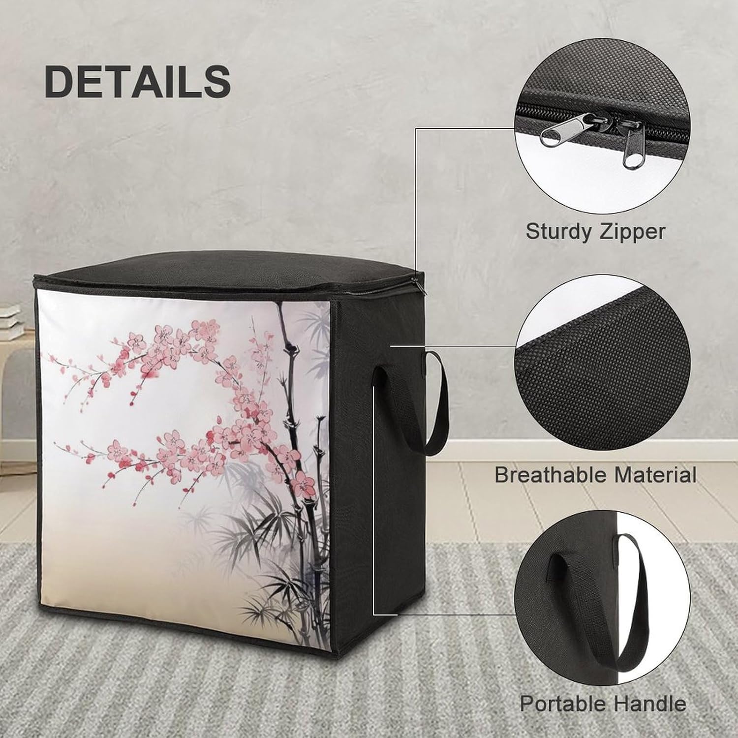 Quilt Storage Bag,Cherry Blossoms Printed Large Foldable Storage Container Portable Travel Storage Bag for Blankets, Quilts, Clothes, Comforter, Bedding And Pillows