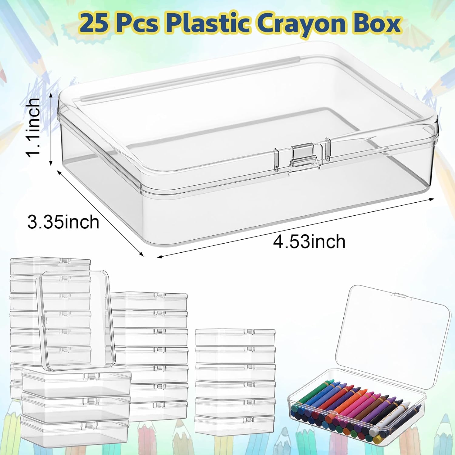 25 Pcs Plastic Crayon Box with Lid 4.53 x 3.35 x 1.1 Inches Small Storage Box Holder Stackable Pencil Case Organizer Container Bulk for Art Crafts Jewelry Beads Office Supplies(Clear) - Image 2