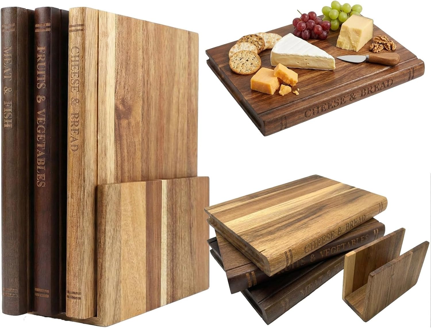 Wooden Cookbook Cutting Board Set with Stand - 3 Uniform Acacia Chopping Boards for Kitchen Decor, Unique Book Shaped Charcuterie Serving Tray, Creative Housewarming Gifts