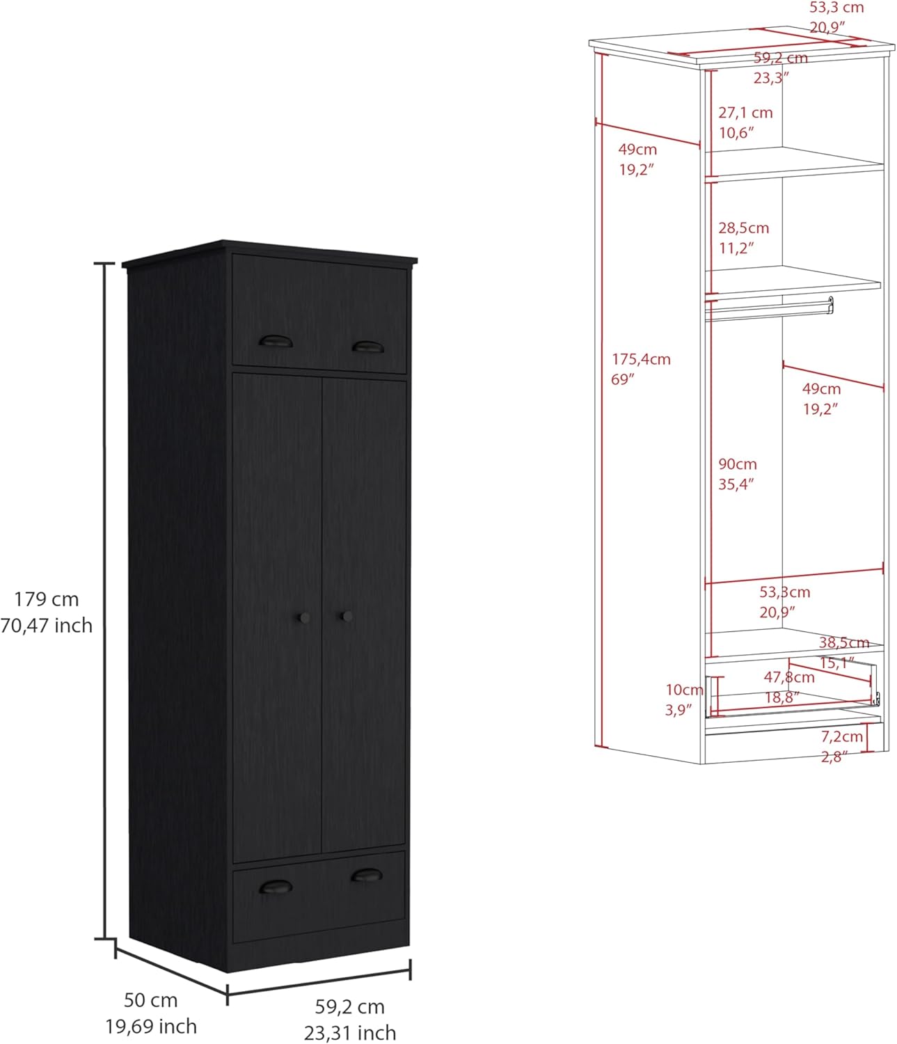 Falkland Armoire with Double-Door Wardrobe Cabinet, Upper Hinged Drawer, Lower Pull-Out Drawer and Modern Handle Accents for Organized Clothing Storage, Bedroom Organization and Stylish Space-Saving.