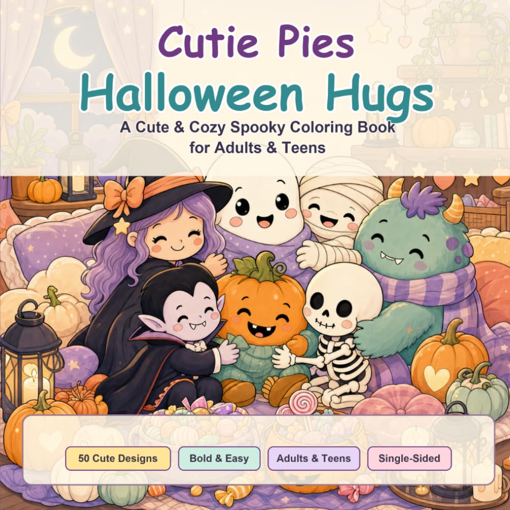 Cutie Pies Halloween Hugs: A Cute & Cozy Spooky Coloring Book for Adults & Teens
