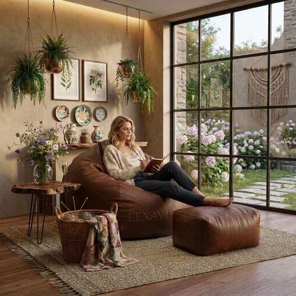LEXAVI Brand®- 6XL PVC Faux Leather Leatherette Beanbag Cover (Without Beans)|| Bean Bag Sofa Chair Cover Only|| Jumbo Large Bean Bag Chair with Footrest & Cushion Cover | 1 Year Warranty - Brown 4