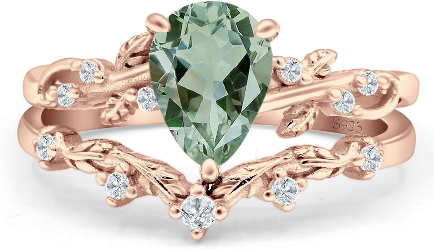 OMRANII Two Piece Art Deco Pear Teardrop Natural Green Amethyst Prasiolite Curved Contour Band Chevron Ring Leaf Style Wedding Set Engagement Rings 925 Sterling Silver