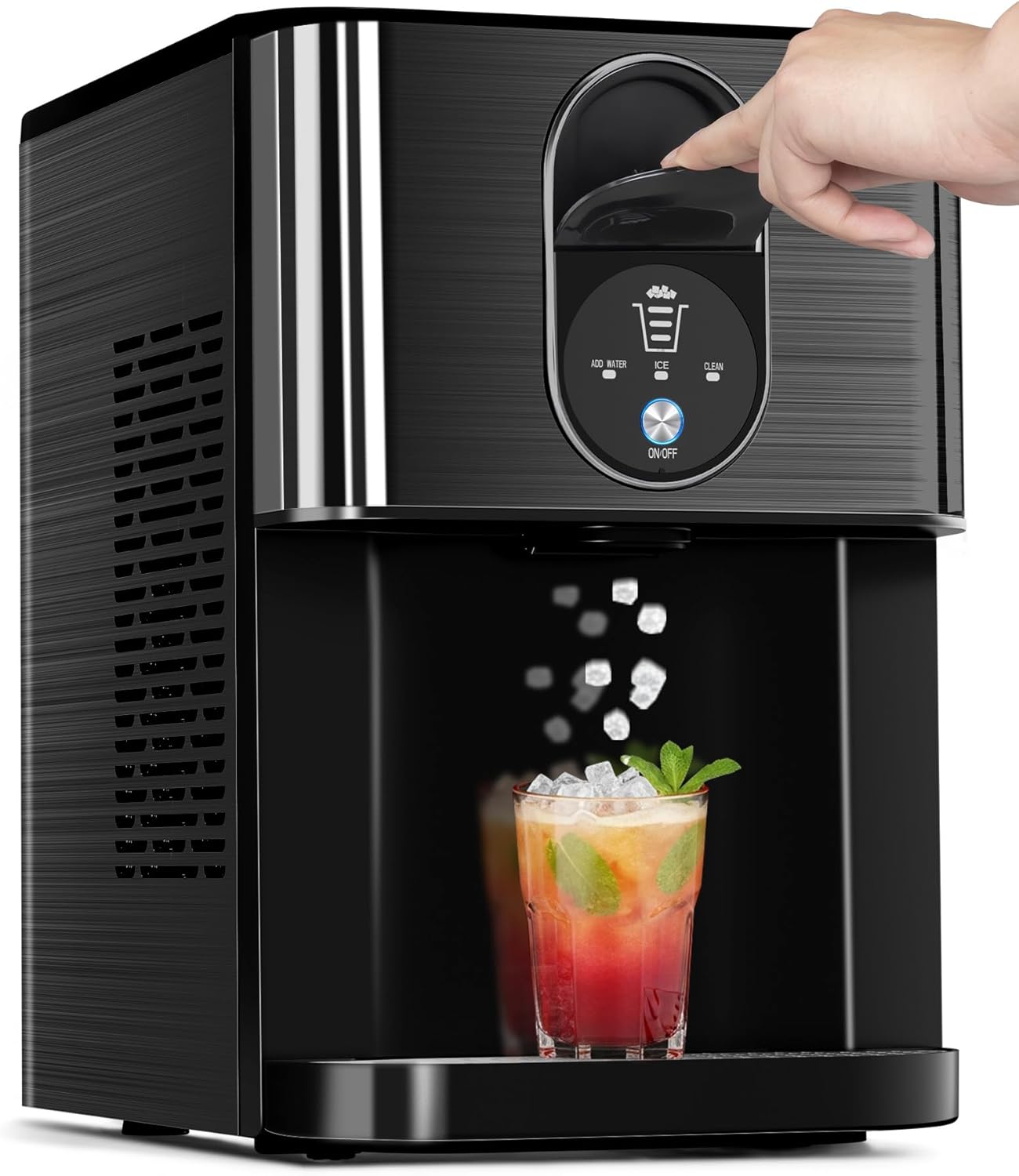 Nugget Ice Makers Countertop, Pellet Ice Maker Machine Dispenser with Water Reservoir, Self-Cleaning, 44lbs/24H Soft Chewable Ice Maker Machine for Home/Kitchen/Office, Black Stainless