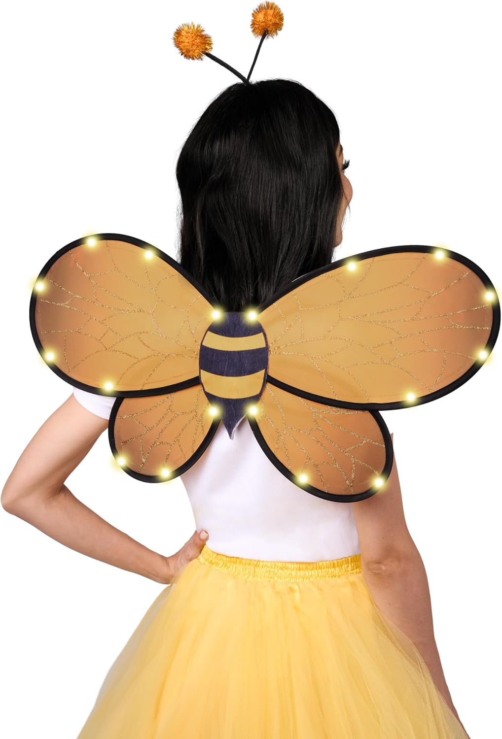 Spooktacular Creations 2 Pcs Black Yellow Bumble Bee Wings Costume Accessories, Light Up Bee Wings and Antenna Headband Set for Women, Girls, Halloween Cosplay Party Favors