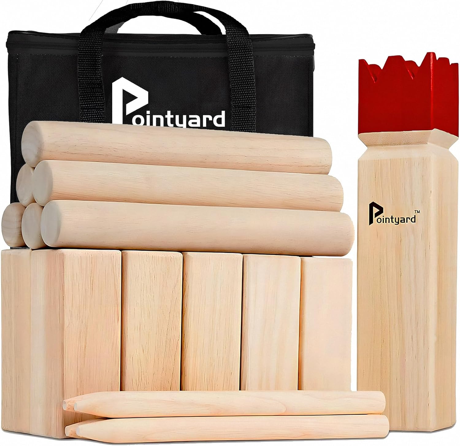 Pointyard Kubb Yard Game Set for Adults & Families - Viking Chess Outdoor New Zealand Pine Wooden Toss Game with 10 Blocks, 6 Batons, Carrying Bag | Perfect for Backyard Party BBQ Lawn Camping Beach