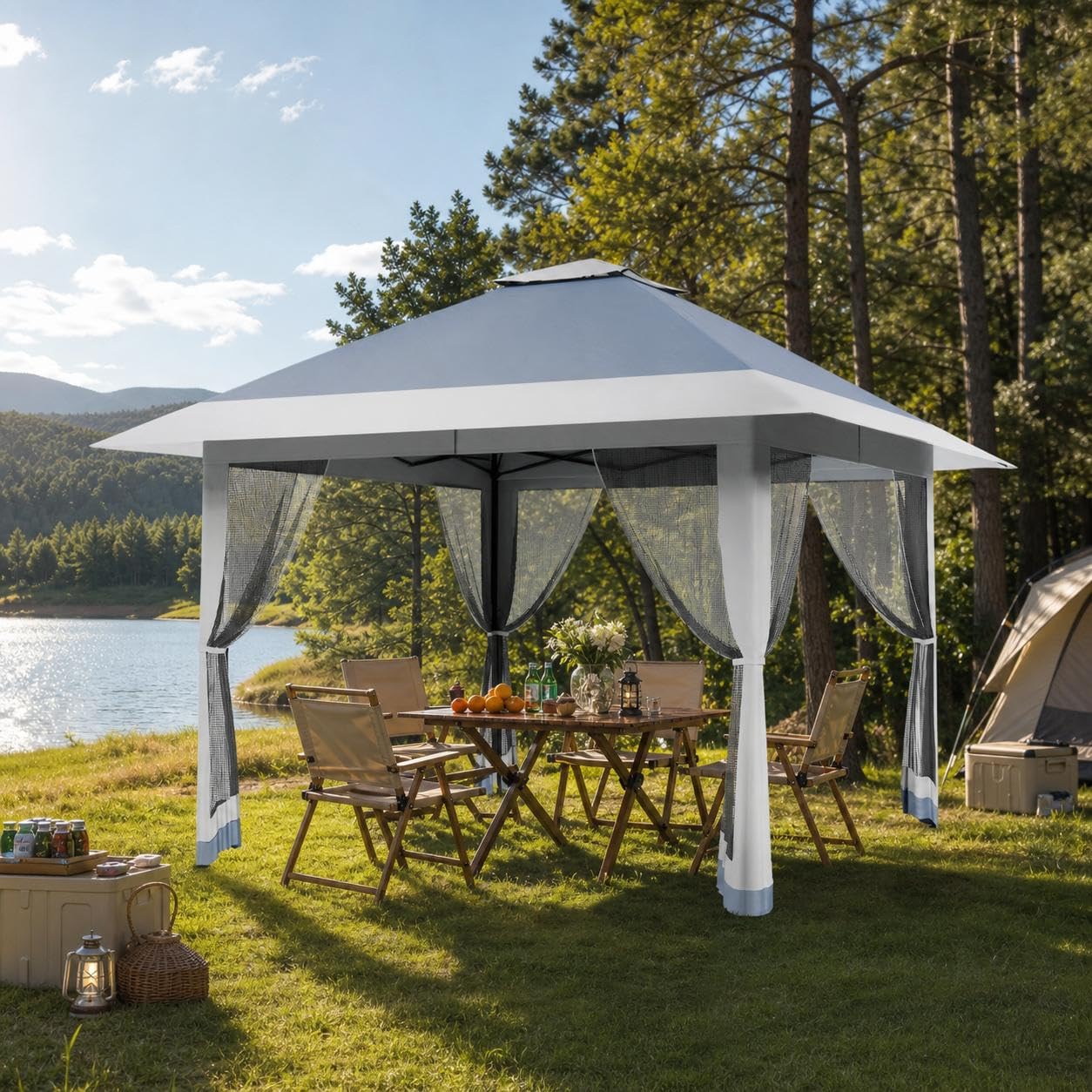 4m x 4m Pop Up Gazebo, Outdoor Instant Patio Canopy Shelter with Ventilated 2-Tier Top & High Density Mosquito Netting, Double Roof Pop Up Party Tent Canopy with Extended Eaves for Backyard