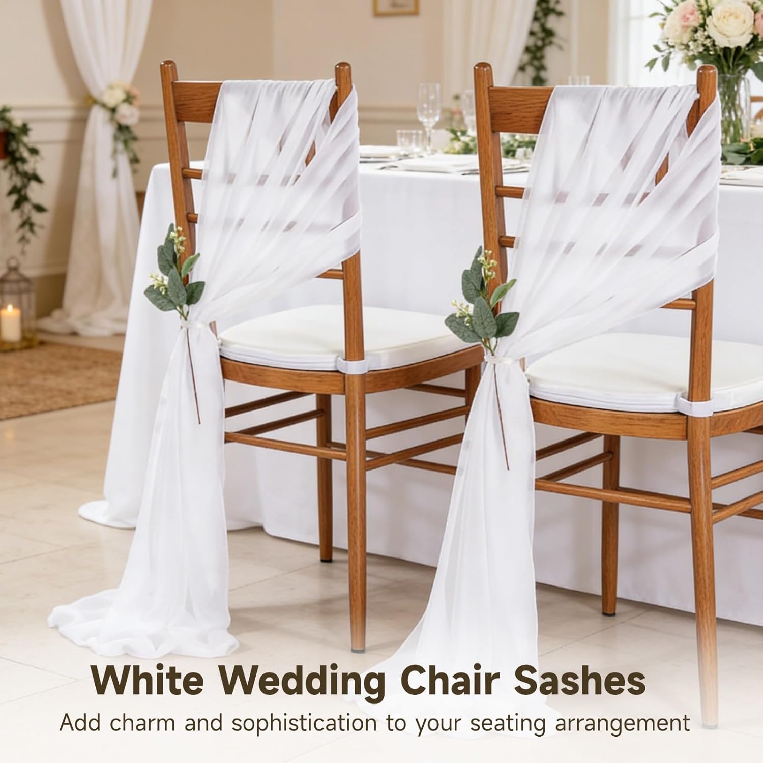 24 Pcs White Chair Sashes Set, 9 ft Long Sheer Chiffon Wedding Aisle Decorations with Faux Eucalyptus Stems, Elegant Wedding Chair Decorations for Ceremony, Church, Prom Party & Bridal Shower