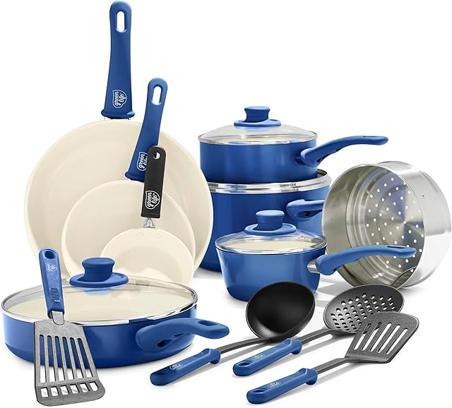 GreenLife Soft Grip Healthy Ceramic Nonstick, 16 Piece Cookware Pots and Pans Set, PFAS-Free, Blue