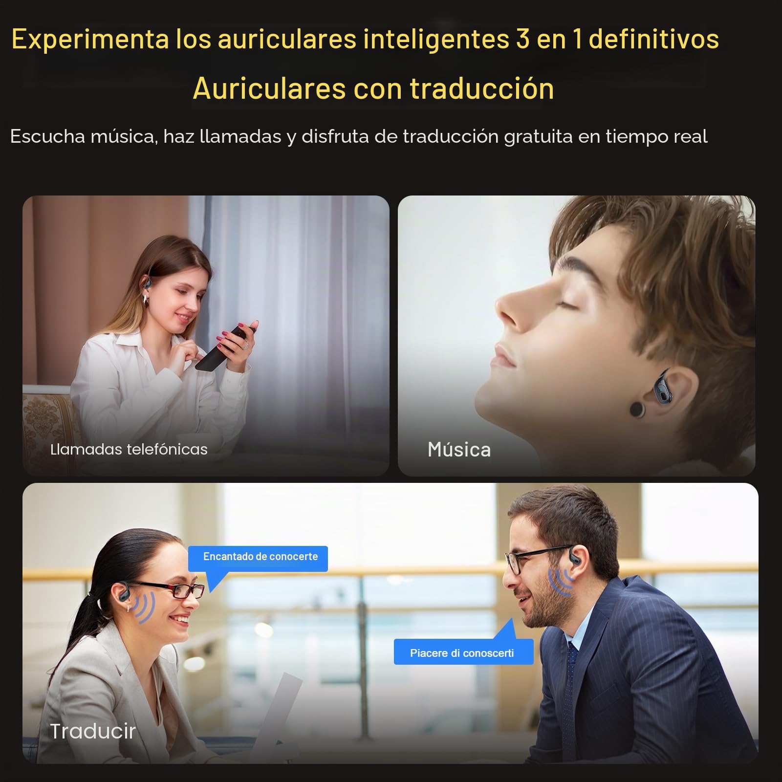 AI Auriculares Traductor 3 in 1 AI Auriculares Traductor, Bluetooth 5.4 con ENC y App con para Viajes/Negocios/Aprendizaje, Negro