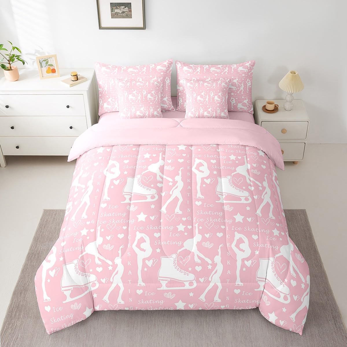 Skating Girl 7 Pieces Bedding Set Twin,Ice Skates Figure Skating Romantic Sports Bed in a Bag for Kids,Cute Stars Love Hearts Graffiti Pink White Comforter Set with Sheets,Pillow Covers