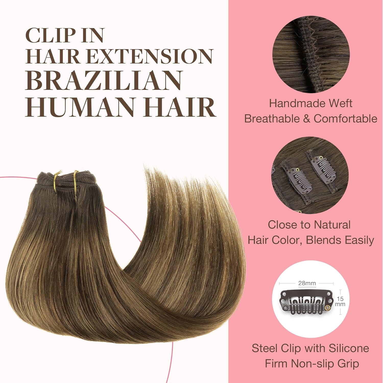 GOO GOO Clip in Hair Extensions Real Human Hair, Remy Human Hair Extensions Clip ins for Women, Natural Human Hair, 16inch 120g 7Pcs, 4D/14/5B Brunette Balayage thumbnail