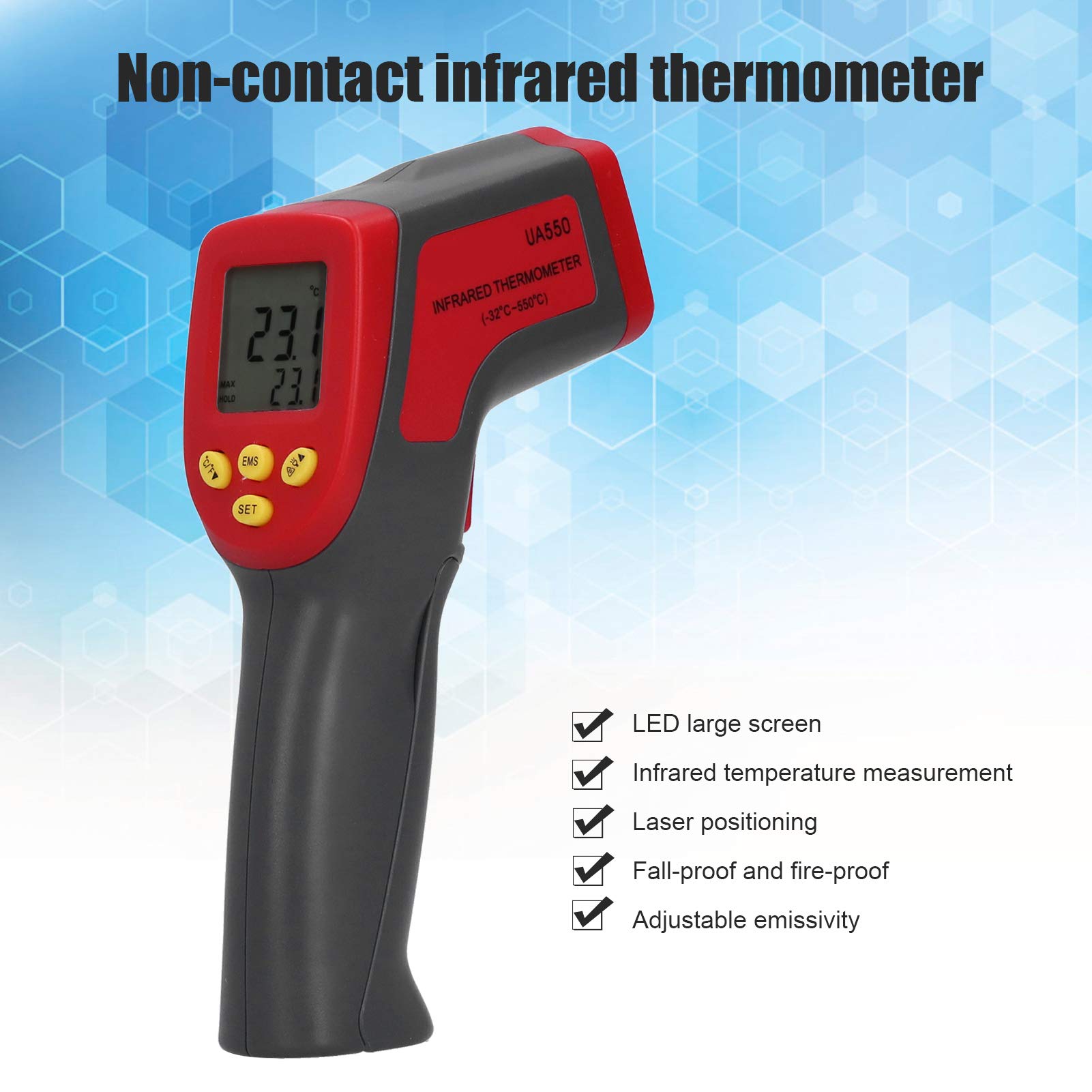 Termometro a infrarossi industriale UA550 - Termometro portatile senza contatto con intervallo di temperatura di 550 gradi Celsius con posizionamento, emissività regolabile e