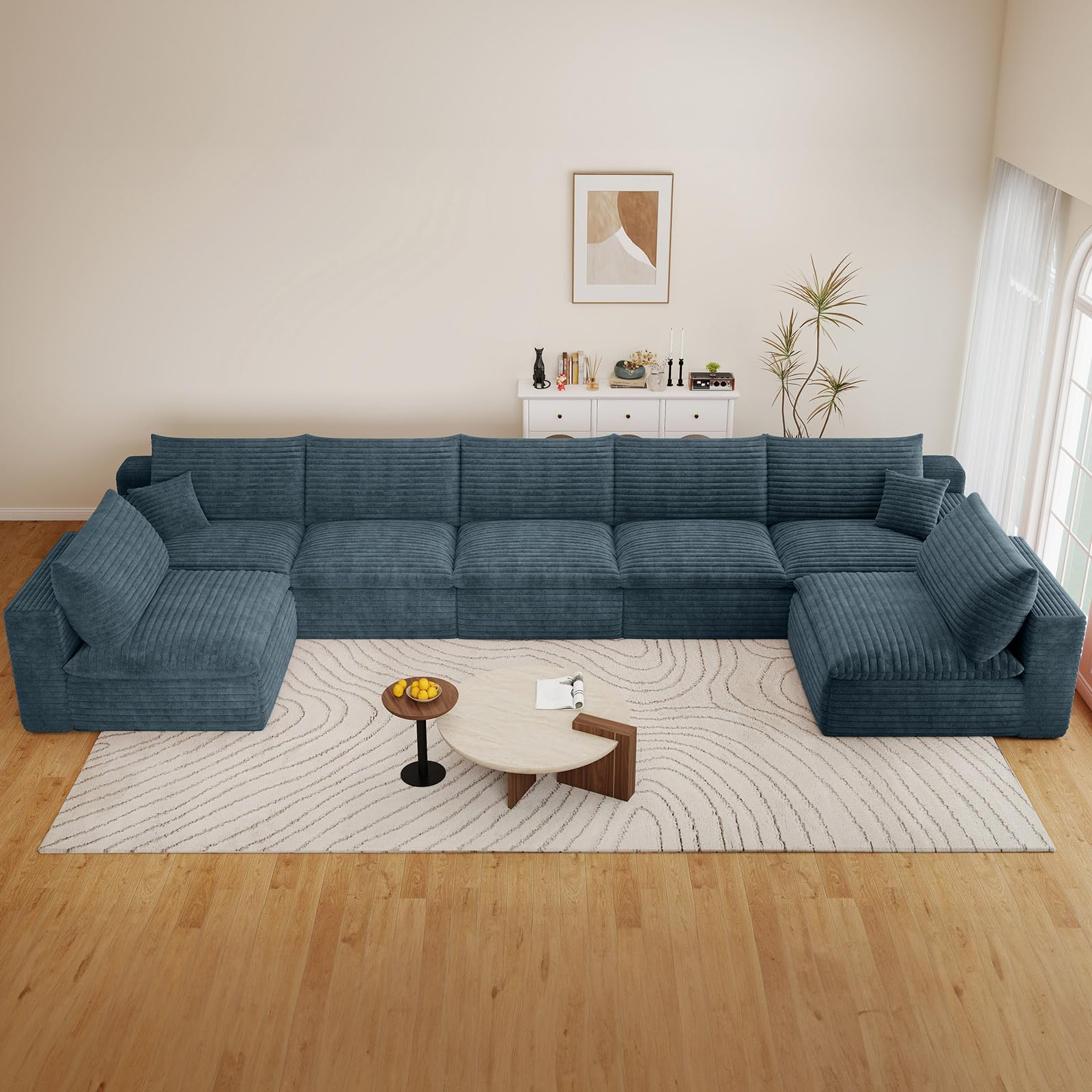 165" Cloud Couch Modular Sectional Sofa for Living Room, U-Shape Boneless Couch with Deep Seat, Modern Corduroy 7-Seater, No Assembly Required,Blue