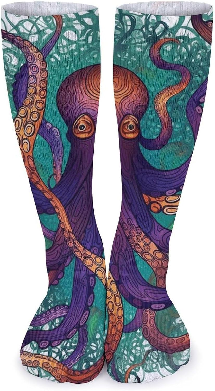 Breathable Crew Sock, Moisture Wicking, Athletic Calf Socks, Cozy | Colorful Octopus Compression Socks for Women Men, Lightweight High Work Socks for Business, Casual