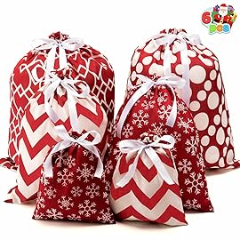 JOYIN 6 PCs Fabric Gift Bags Red Elegant Color with 3 Sizes for Each Season, holiday present Giving, Holiday Presents Dcor, Giant Gifts Decorations.