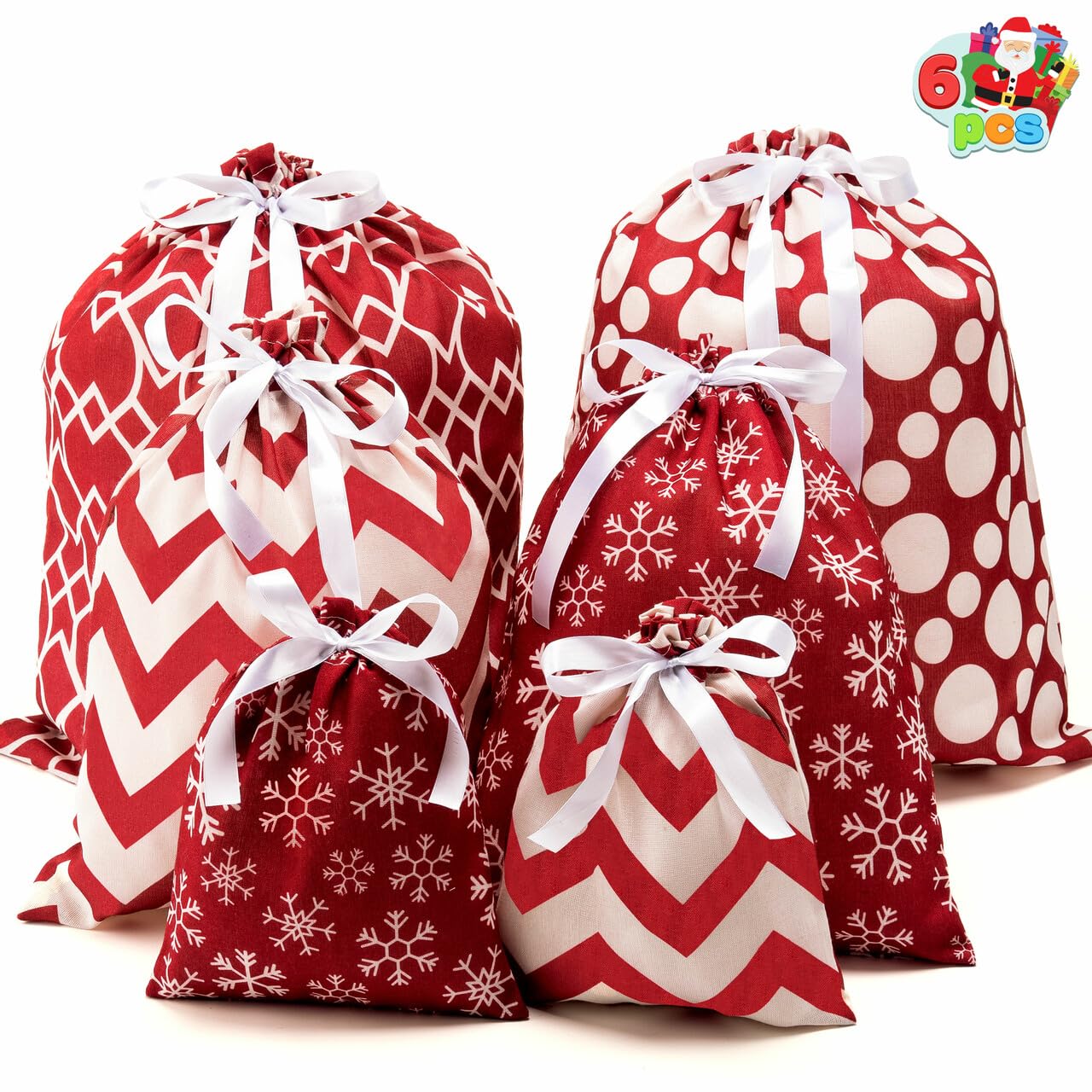 JOYIN 6 PCs Fabric Gift Bags Red Elegant Color with 3 Sizes for Each Season, holiday present Giving, Holiday Presents Décor, Giant Gifts Decorations.