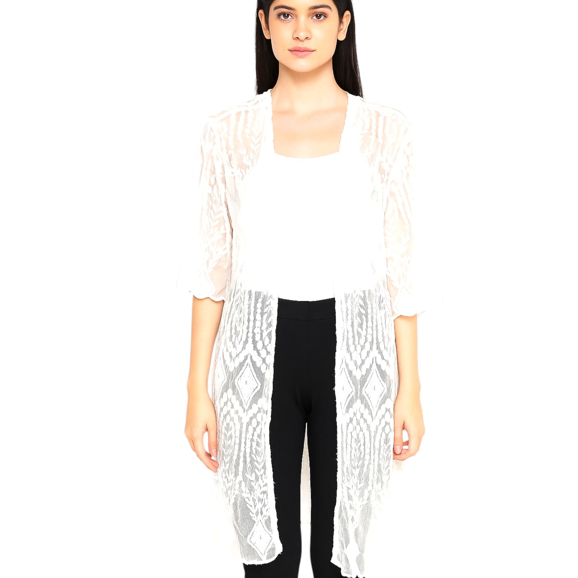 Sheer Butterfly Embroidered Beach Kimono Cover Up, White Mesh, 3/4 Sleeve-image-25