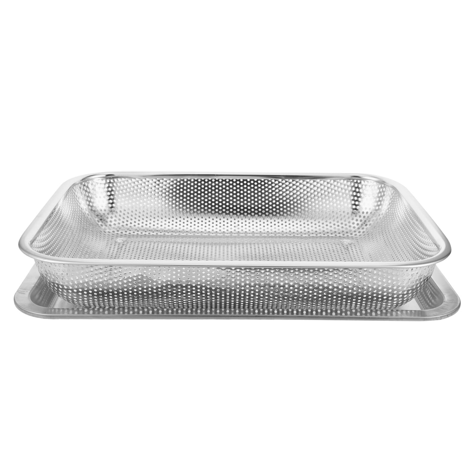 Panier à friture rectangulaire en acier inoxydable et son plateau argenté de cuisine