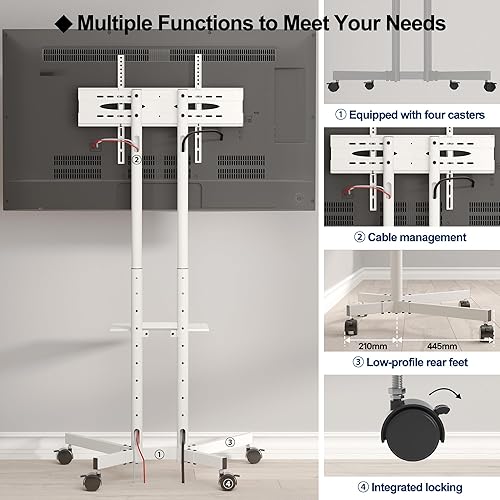 Miniatura 4 de Soporte de TV rodante con ruedas para televisores LED, LCD, OLED planos y curvos, carrito de TV móvil de altura ajustable con estante para laptop y