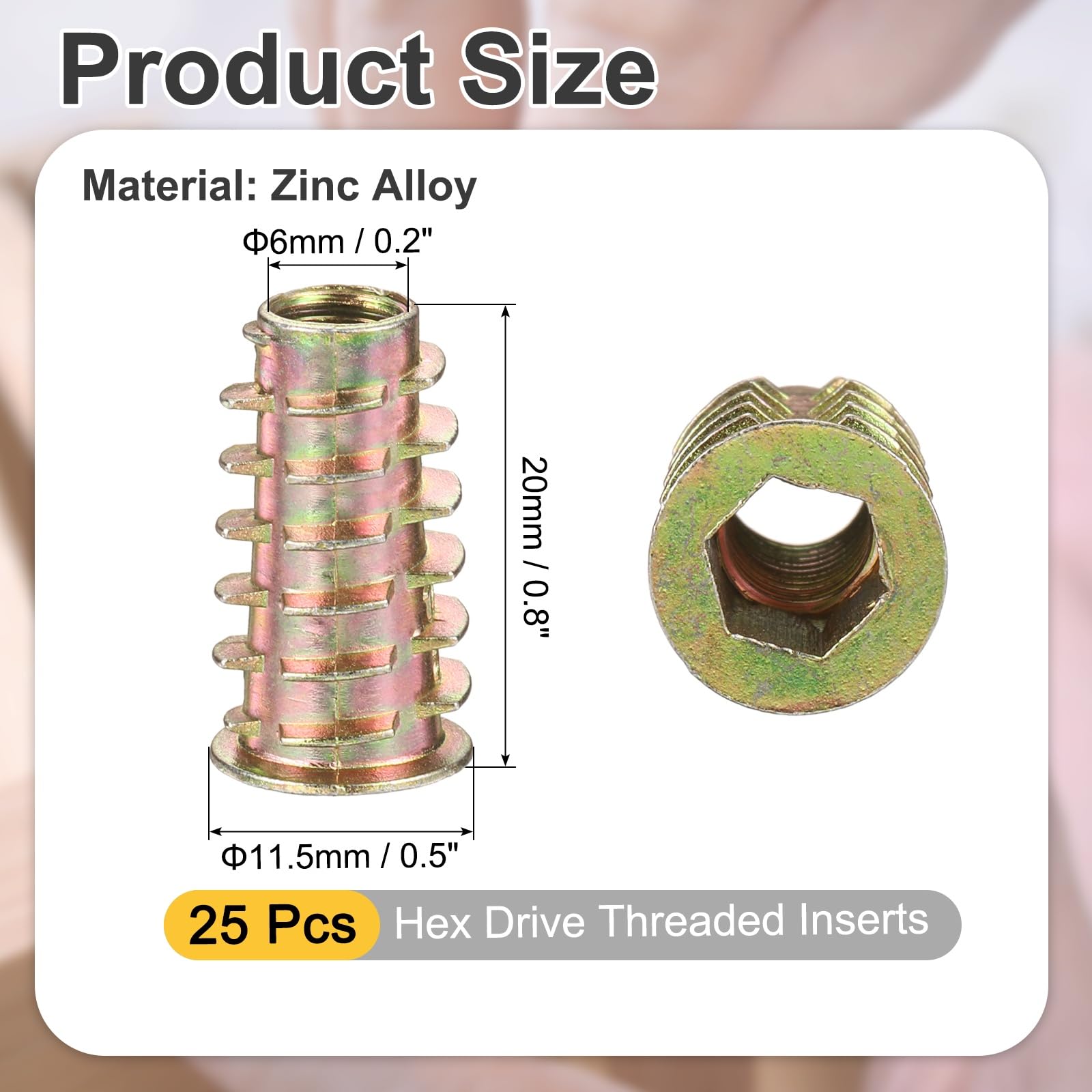 PATIKIL 25pcs Hex Drive Threaded Inserts for Wood M6 x 20mm Zinc Alloy Threaded Insert Furniture Screw with Gasket for Wood Tools Flush Bolt Headless Hardware Nuts - Image 2