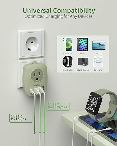 Vista 25 de VINTAR - Adaptador de enchufe de viaje europeo, adaptador de enchufe de alimentación internacional con 1 USB C, 2 salidas de EE. UU. y 3 puertos