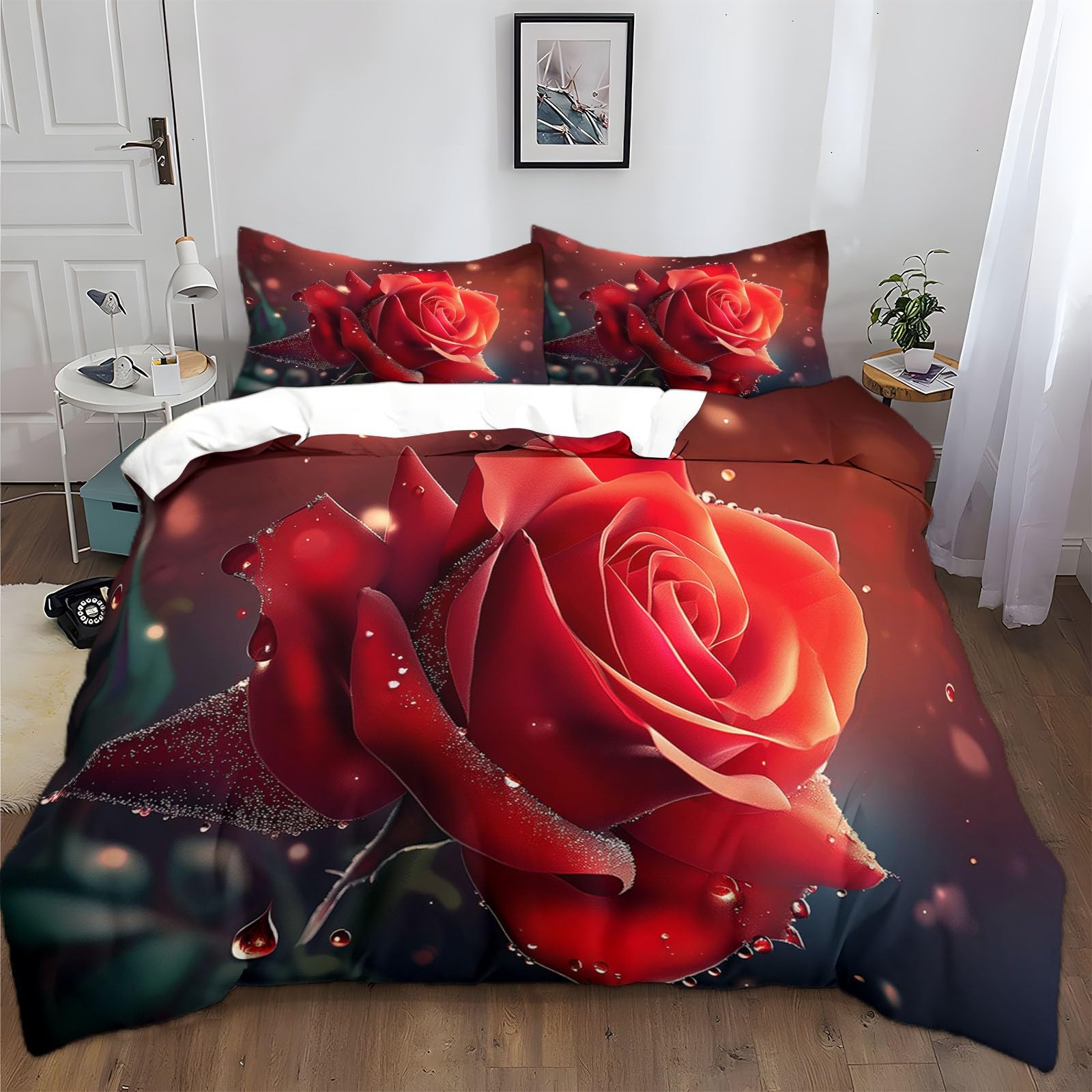 Housse de couette 1 personne motif roses rouges douce et lavable