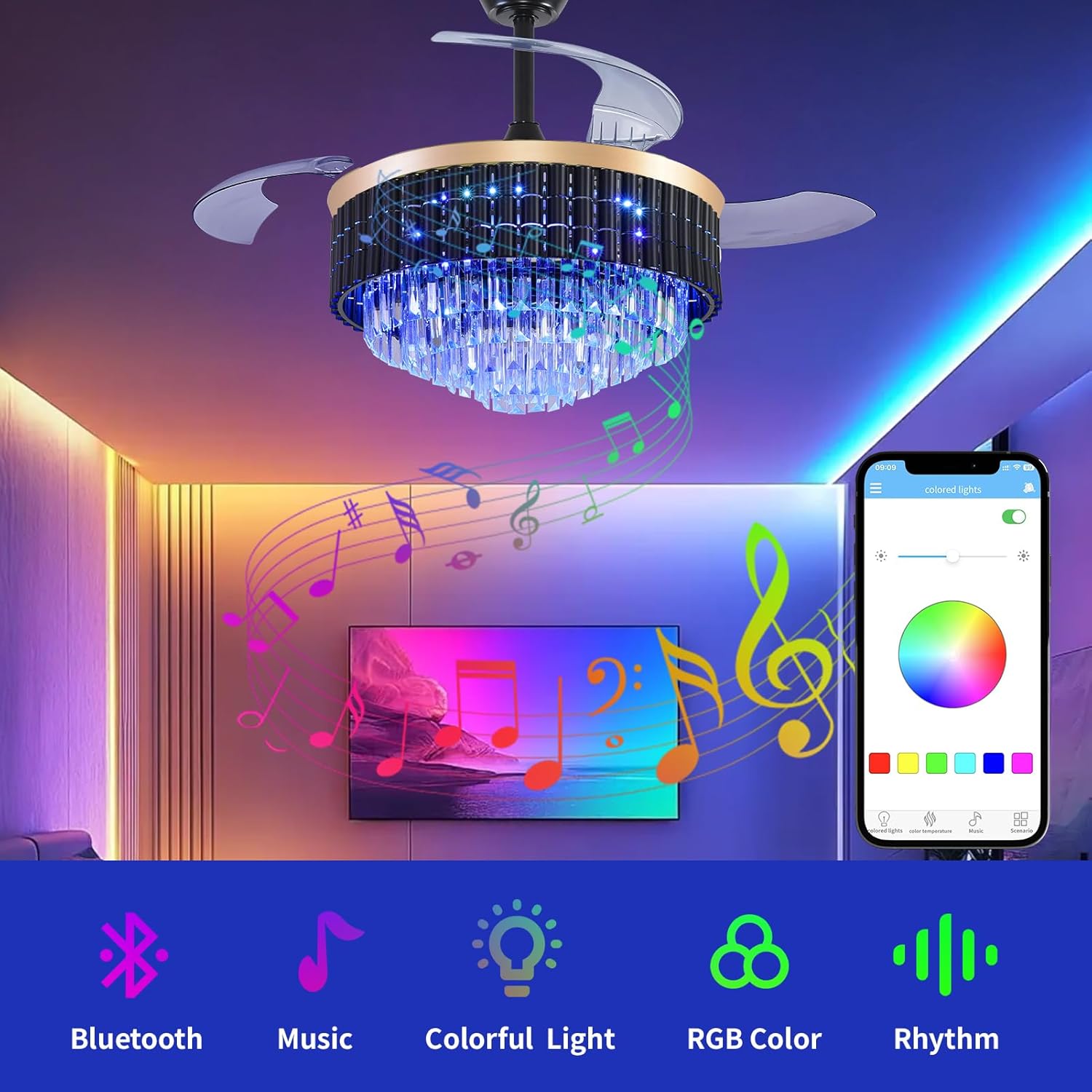 Retractable Ceiling Fans with Lights, Retractable Ceiling Fan with Lights and Remote, RGB Crystal Chandelier Fan 6-Speed APP Control for Bedroom, Living Room, Dining Room