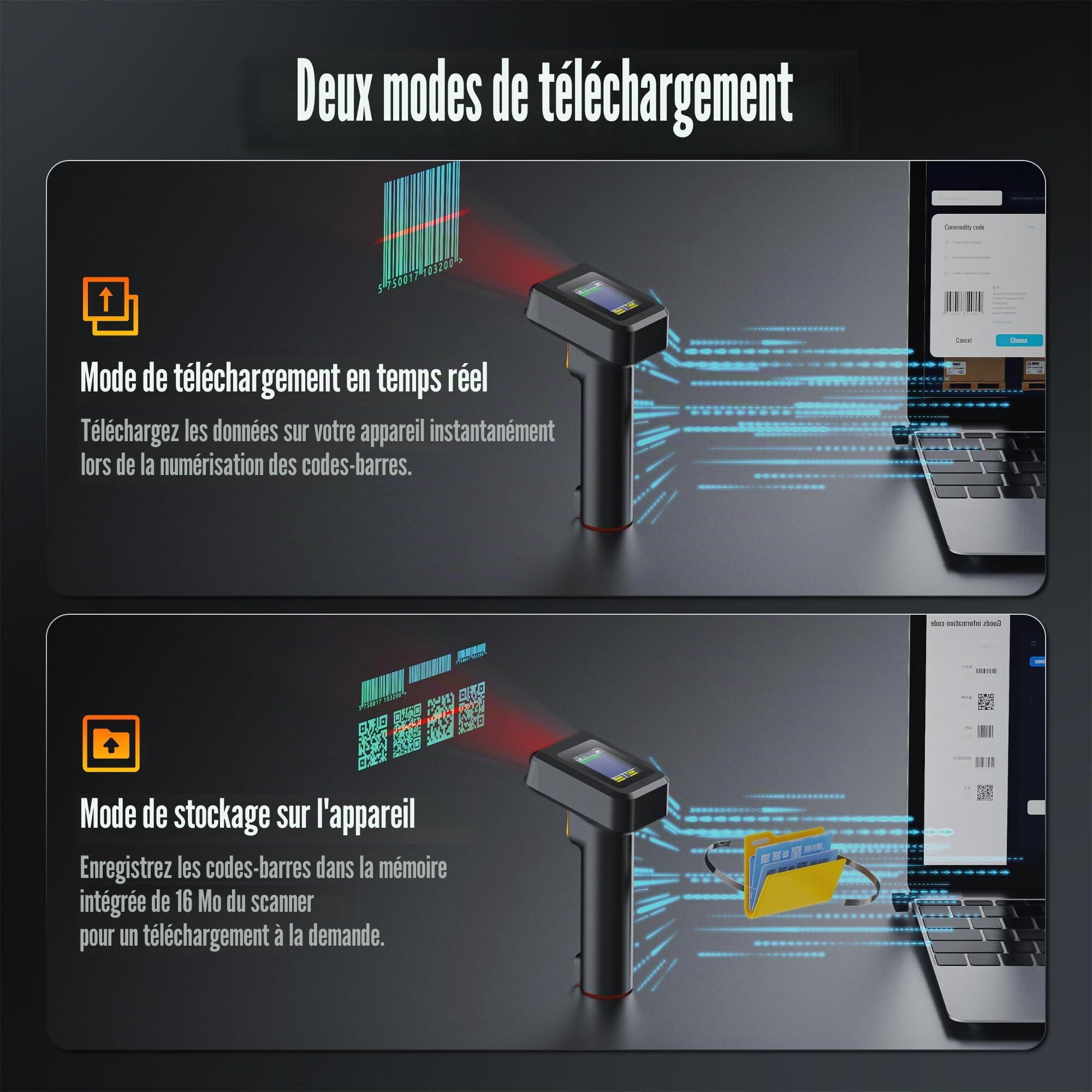 Tera Scanner de Codes-Barres 2D sans Fil Bluetooth avec écran d'affichage et Base de Charge