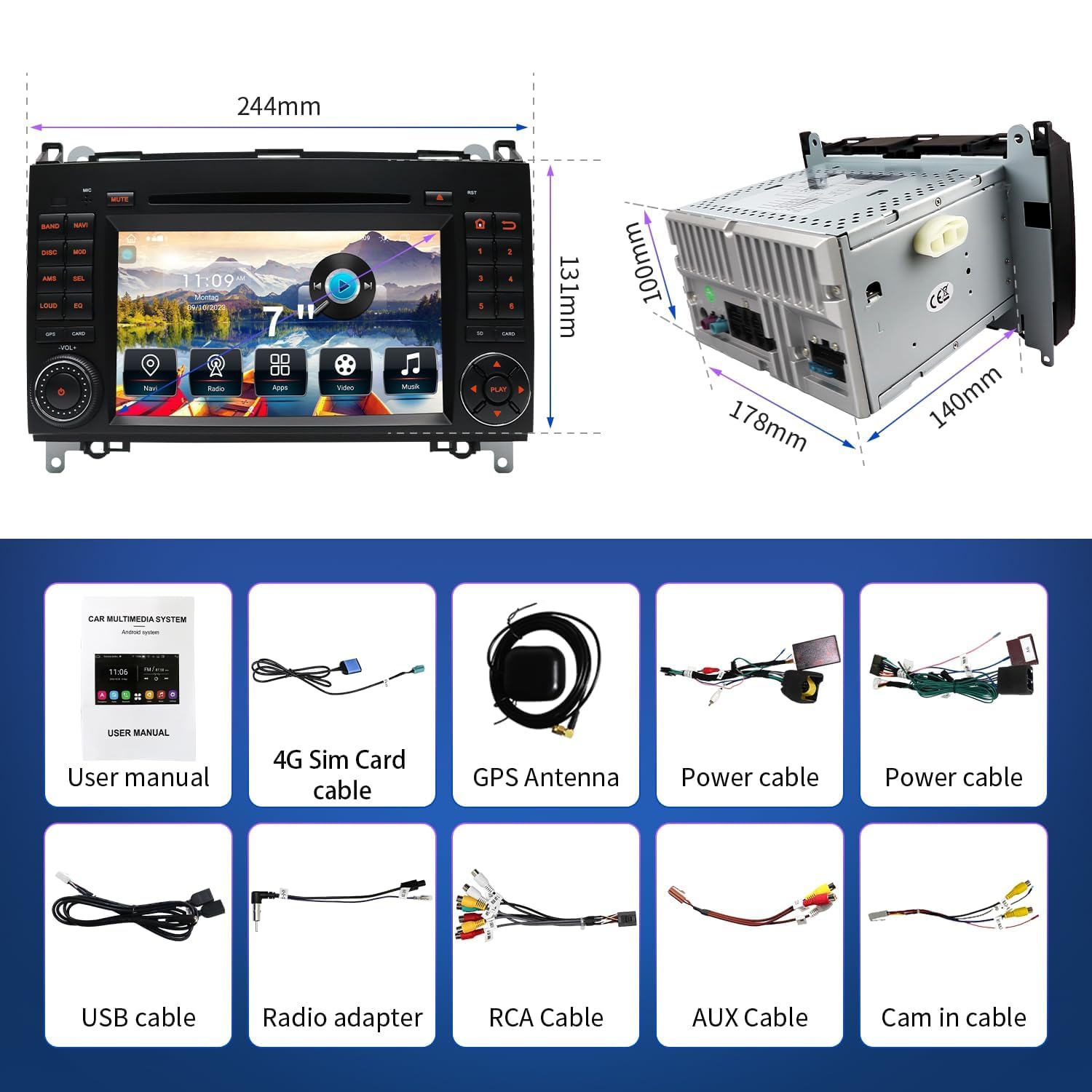 Autoradio für Mercedes Vito W639, Sprinter W906, A-Klasse W169, B-Klasse W245 – 2 DIN Radio mit CarPlay, DAB+, Navi, Bluetooth