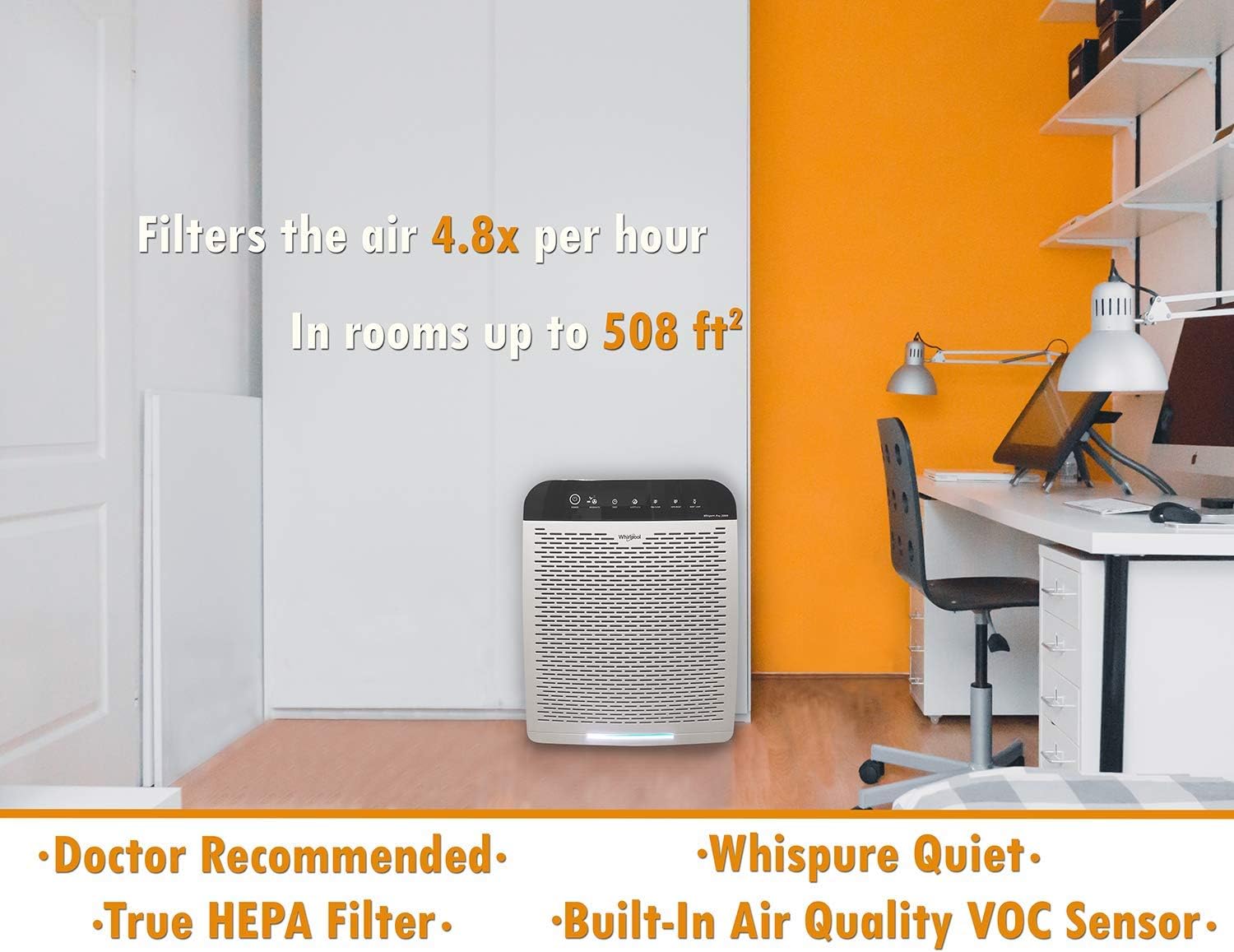 Whirlpool WPPRO2000P Whispure True Hepa Air Purifier, Activated Carbon, 508 Sq Ft, Smart Auto Mode, Ideal for Allergies, Odors, Pet Dander, Mold, Smoke, Wildfire, Germs - Pearl White