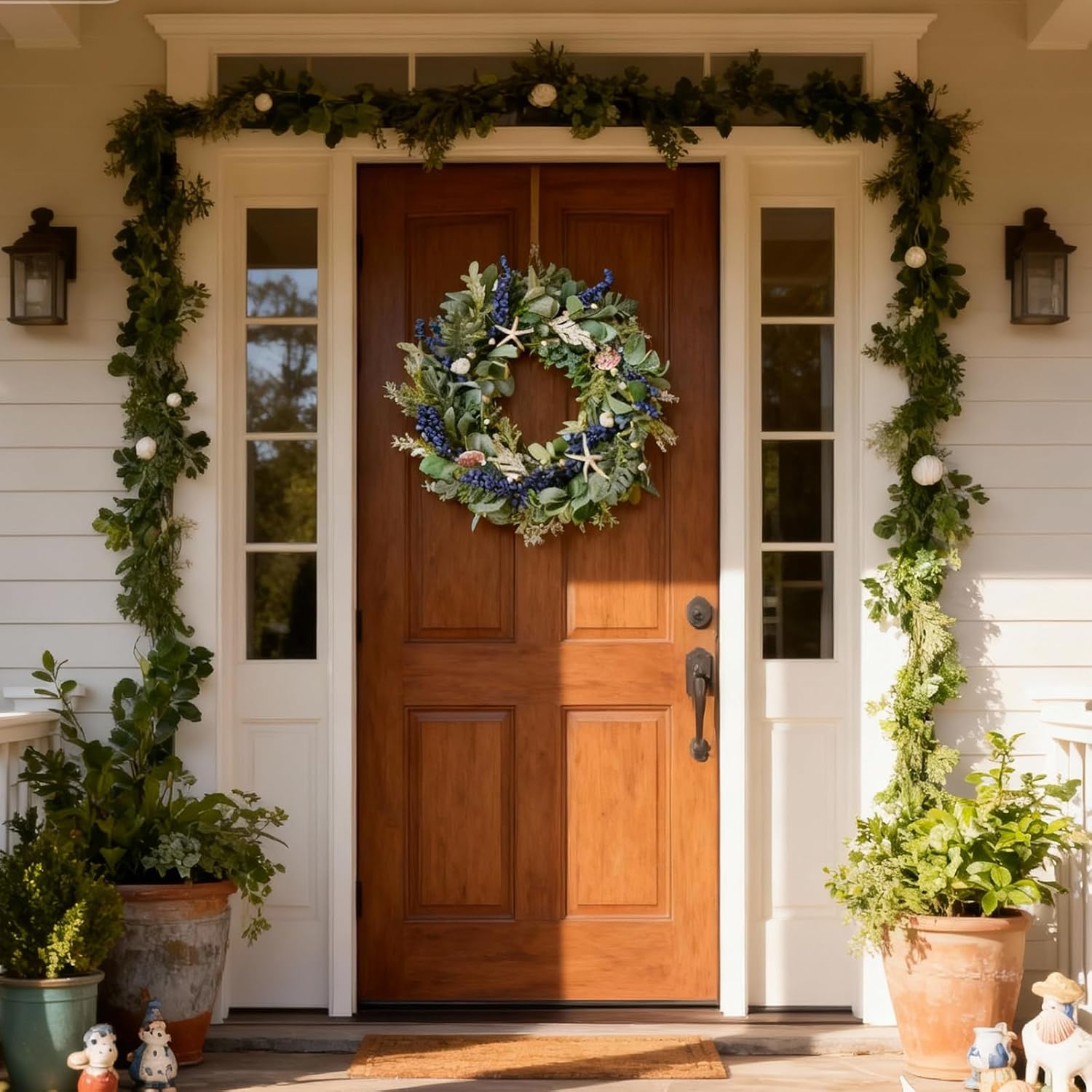 22 Inch Nautical Artificial Wreath with Starfish & Seashells Blue Berry Eucalyptus Wreath for Front Door Coastal Summer Home Decor for Wall/Fireplace
