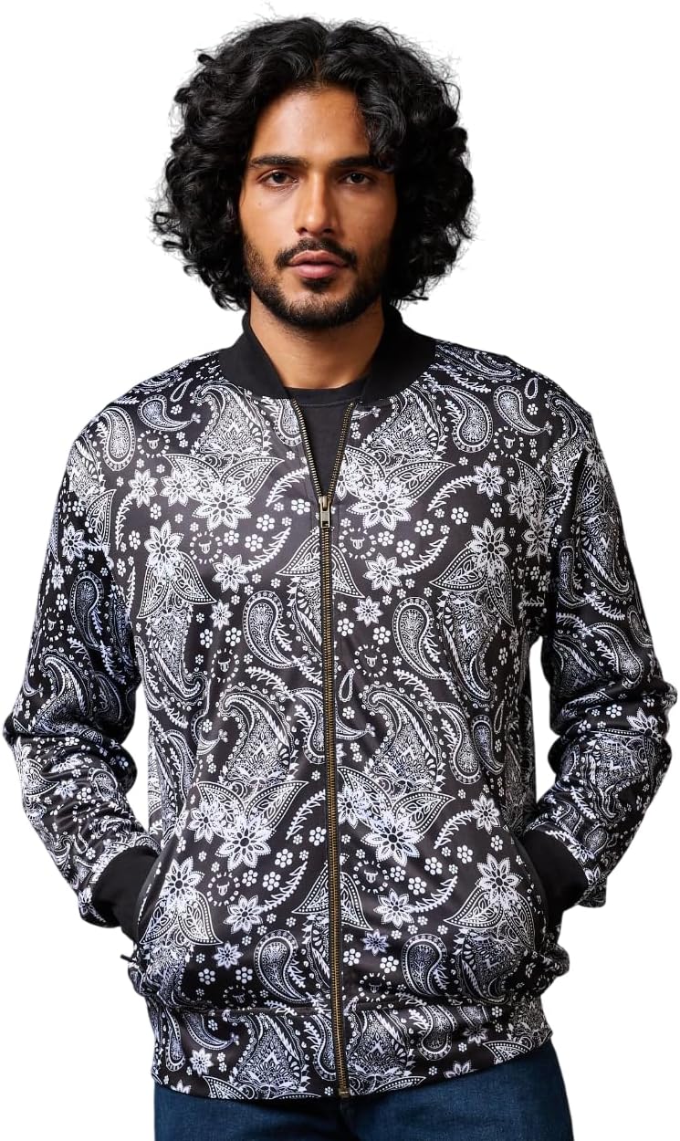 Go Devil Men's Bomber Jacket Paisely Design Floral Printed Stand Collar Long Sleeve Zip Up Unisex Sweatshirt Casual Outfits