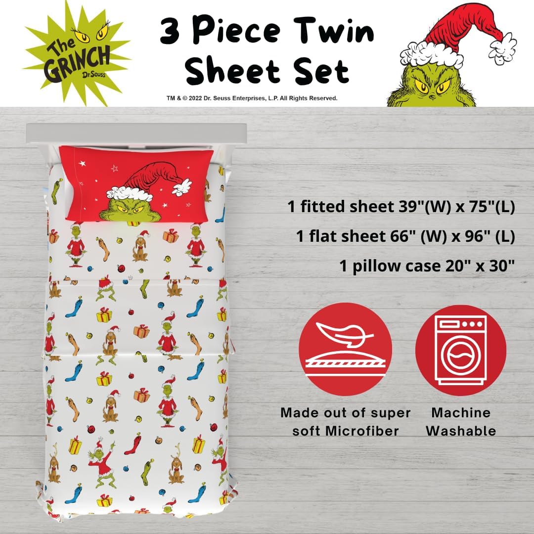 Dr. Seuss The Grinch Holiday & Christmas Bedding Super Soft Microfiber 3 Piece Twin Sheet Set, (Officially Licensed Product) By Franco