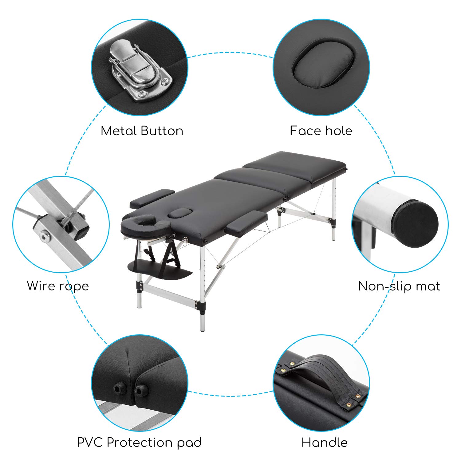 Mondeer Lettino da Massaggi 3 Zone Alluminio Portatile, Tavolo da Massaggio Professionale per Estetista e Fisioterapia (Nero)