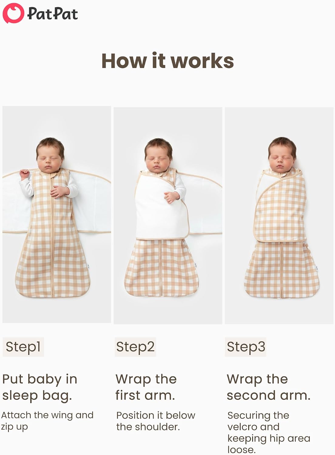 PATPAT Cotton Swaddle for Newborns, Soft Baby Wearable Blanket, Quiet Hook & Loop Closure, Easy Transition Design, 2-Way Zipper for Easy Diaper Changes, 0.5 TOG, Beige Gingham, 3-6 Months