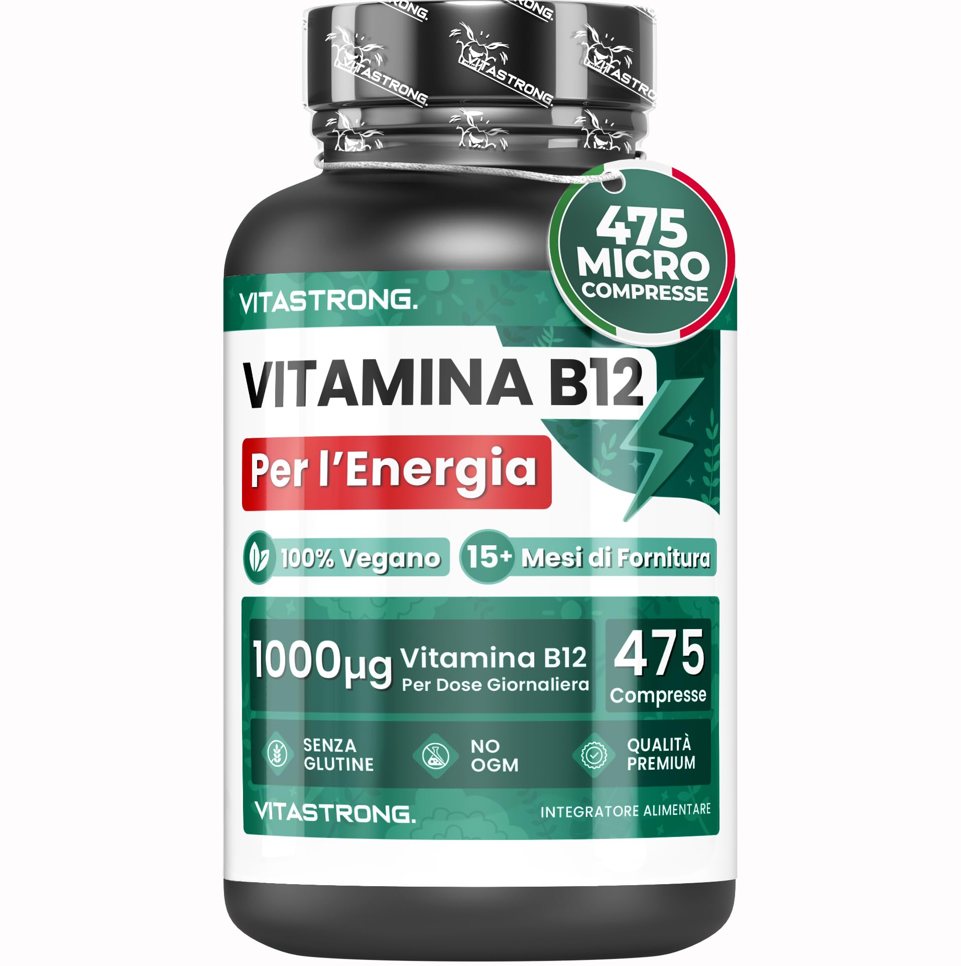 Vitamina B12 1000 mcg Vegana, 475 Micro Compresse 5mm, Scorta 15+ Mesi (1 al Giorno) B12 Vitamina Energia, Stanchezza, Sistema Immunitario, Vit B12 Alta Qualità, Vitamin B12 Cianocobalamina Senza OGM
