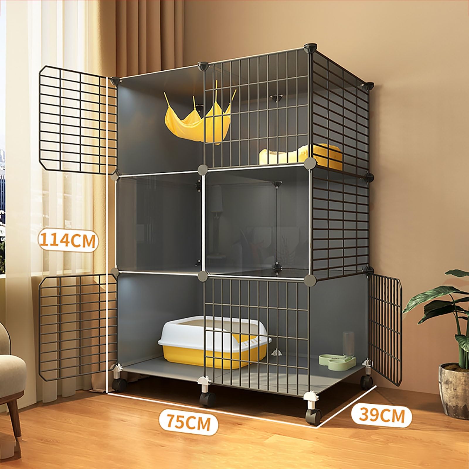 Recinzione per gatti da interni, cuccia staccabile in filo metallico con ruote, grande gabbia per esercizi per animali domestici, perfetta per gattini e gatti, 75 x 39 x 114 cm