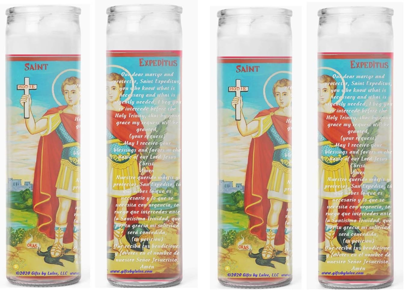 Saint Expedite San Expedito Set of 2 or 4 Candles Set de 2 o 4 Veladoras Prayer in English and Spanish Oracion en Ingles y Espanol (4)