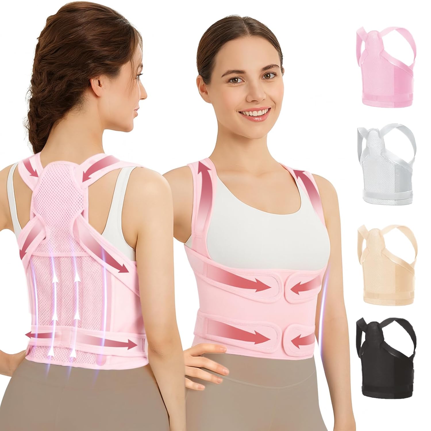 Posture Corrector for Women & Men, Adjustable Back Brace with Shoulder Straightener & Lumbar Support for Upper & Lower Back Pain Relief, Spine Support, Hunchback & Scoliosis, Pink, Large