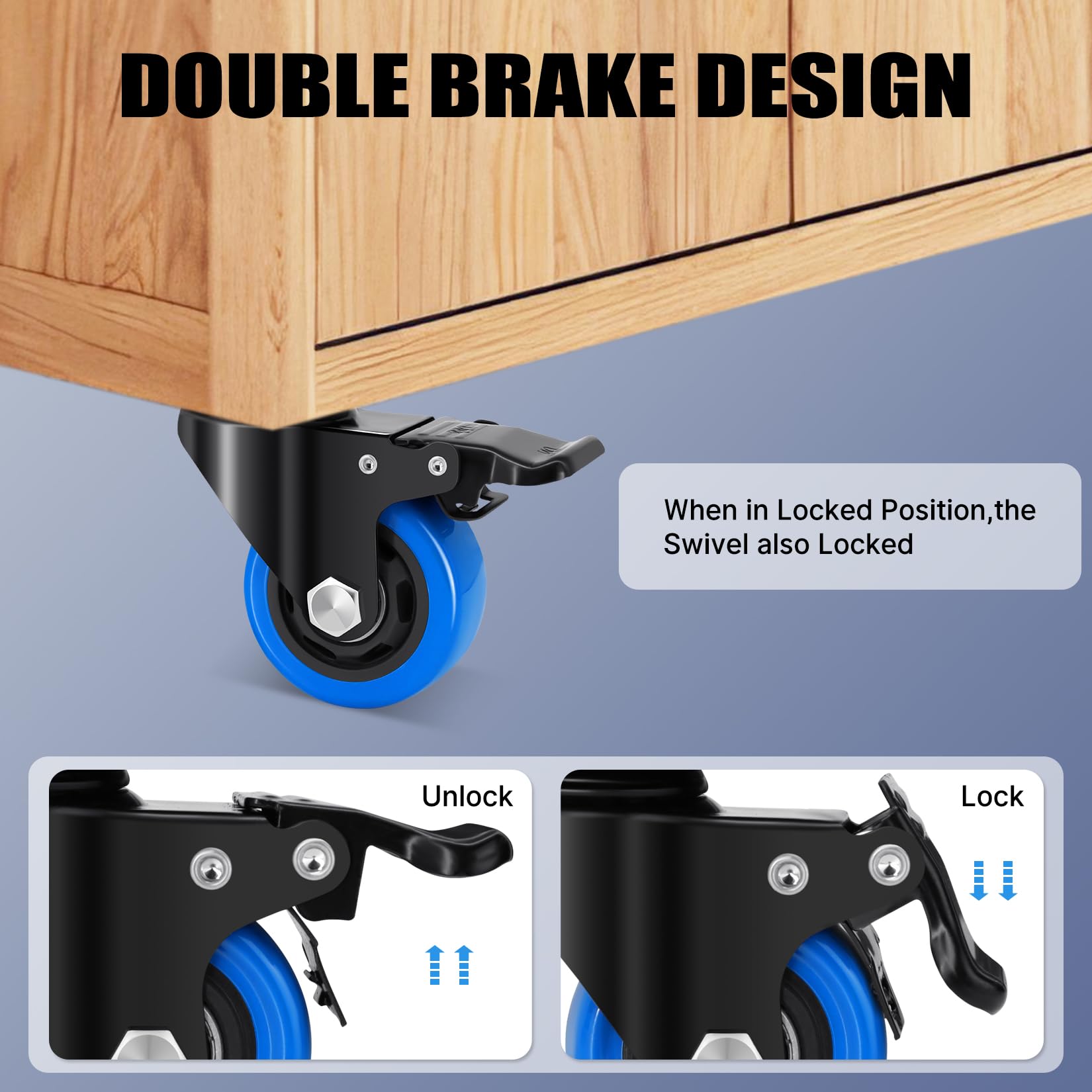 Ruedas para Muebles Pesados 50mm con Vástago Roscado M8 x 1,25x 25mm, Giratorias Carga 270KG, 360° Pivotantes con Freno, Juego de 4