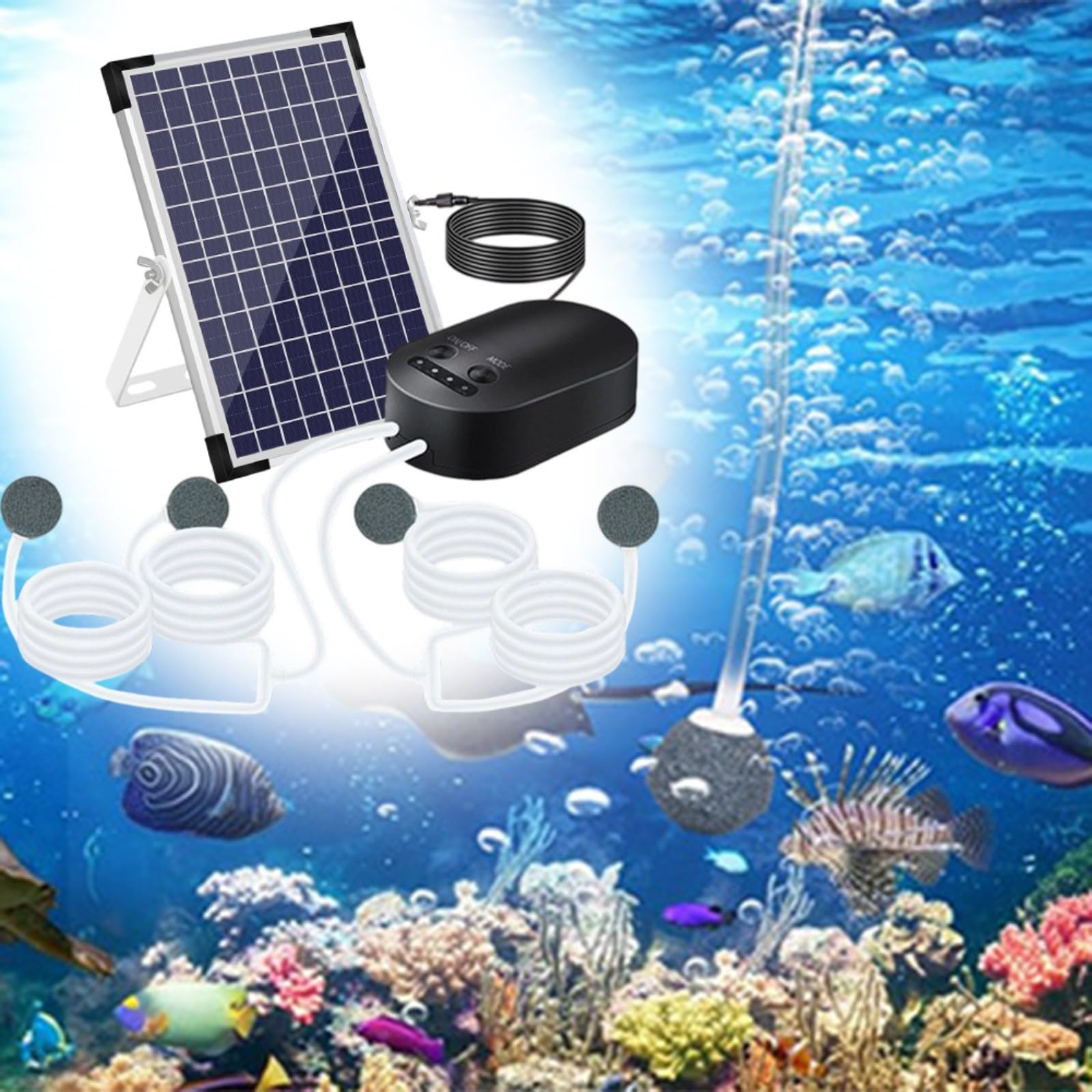 KiraKira Solar Teichbelüfter mit Akku 4400mAh, 10W 10V Sauerstoffpumpe Gartenteiche & Aquarien, 3 Modi Hoch/Niedrig/Intermittierend, Inklusive 4 Ausströmsteinen, Schwarz