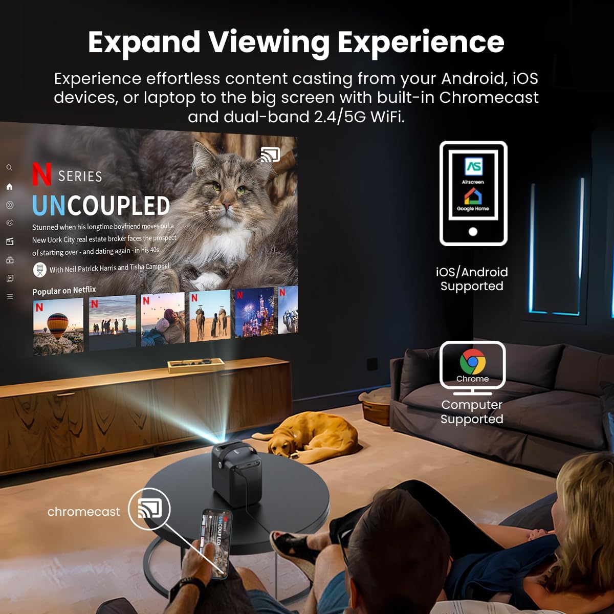 ETOE Smart Projector showing screen mirroring from various devices